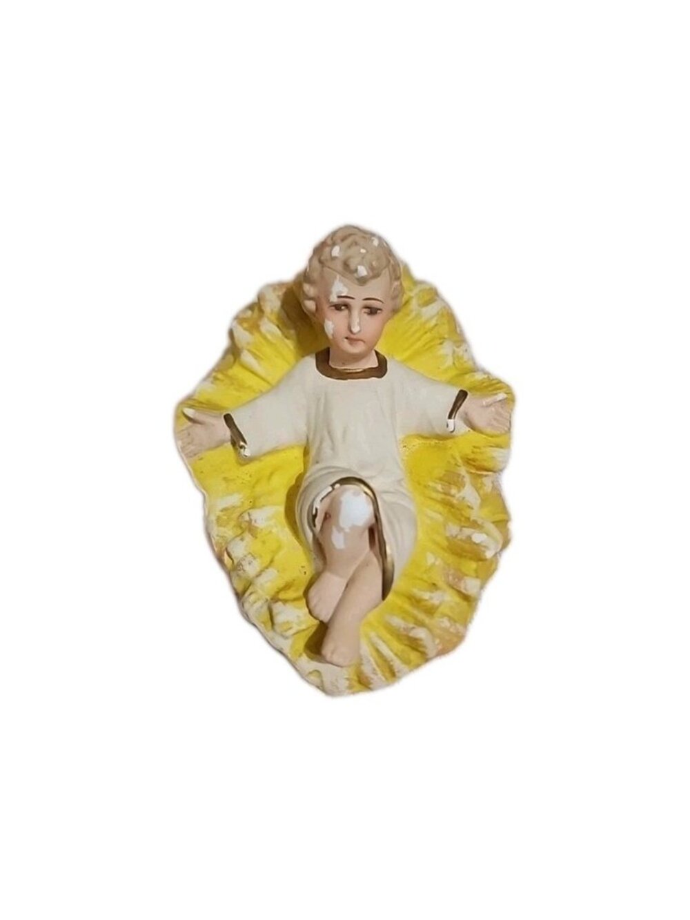 Vtg Statuary Baby Jesus Straw Manger Chalkware Plaster Nativity Figurine Handpai
